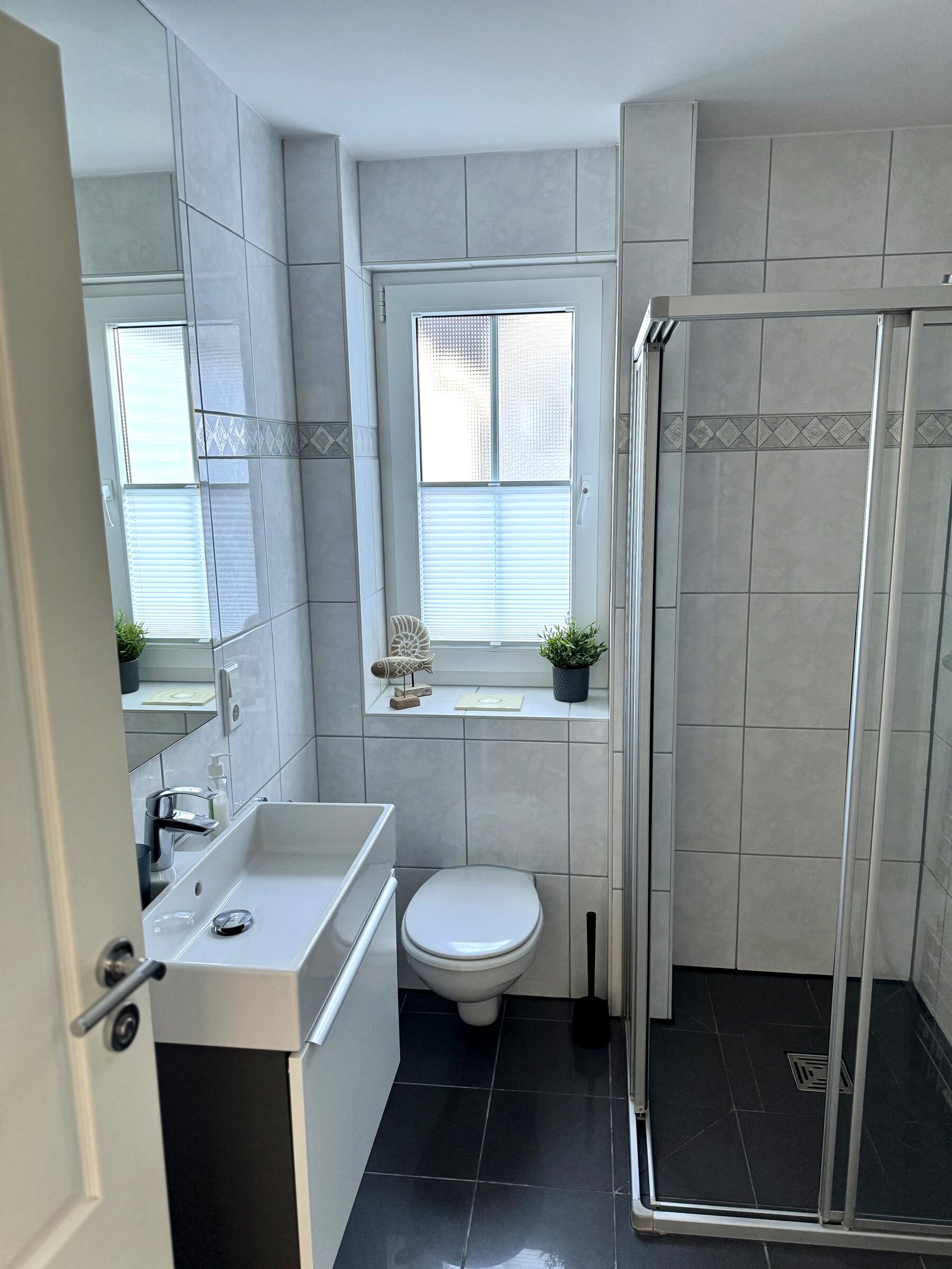 Badezimmer mit Dusche, Waschtisch und WC