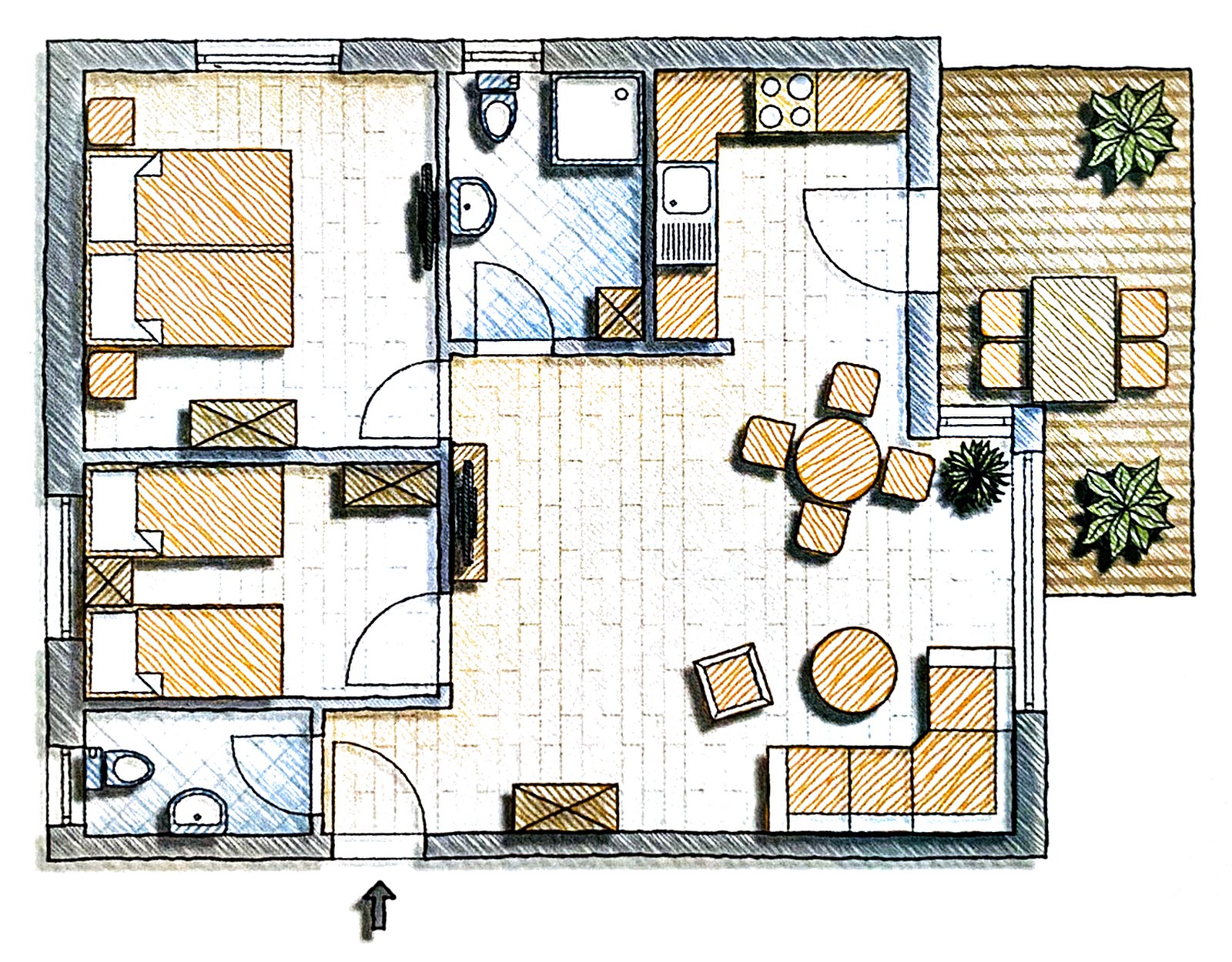 Grundriss der Ferienwohnung Nele: zwei Schlafzimmer, Hauptbad mit Dusche, separates Gäste-WC, offener Wohn- und Essbereich mit Küchenzeile und Terrasse